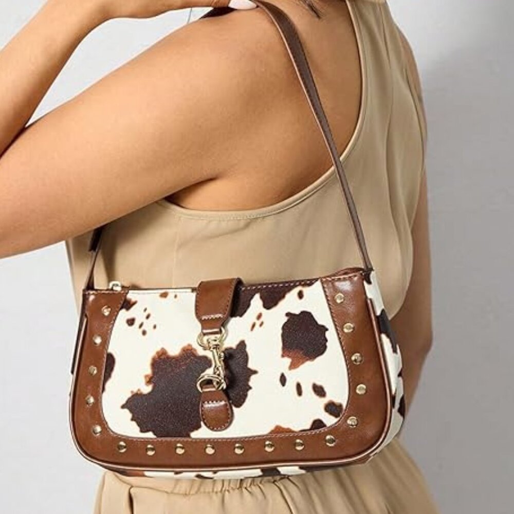 Neiman Marcus Equestrian PU Leather Cow Print Studded Shoulder Bag